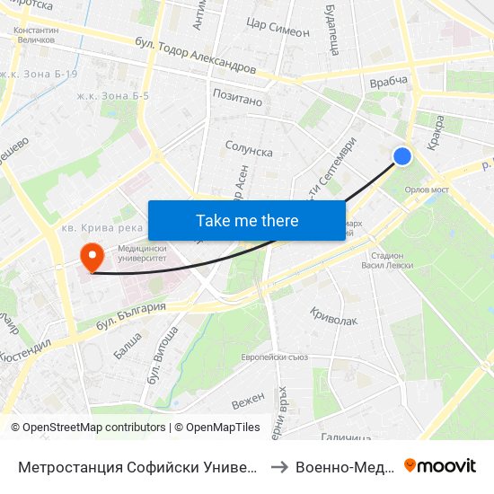 Метростанция Софийски Университет / Sofia University Metro Station (2827) to Военно-Медицинска Академия map