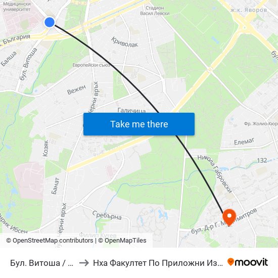 Бул. Витоша / Vitosha Blvd. (0302) to Нха Факултет По Приложни Изкуства-Текстил И Керамика-Филиал map