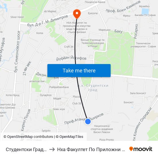 Студентски Град / Students' Town (1693) to Нха Факултет По Приложни Изкуства-Текстил И Керамика-Филиал map