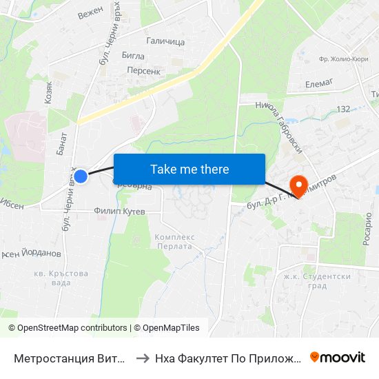 Метростанция Витоша / Vitosha Metro Station (0909) to Нха Факултет По Приложни Изкуства-Текстил И Керамика-Филиал map