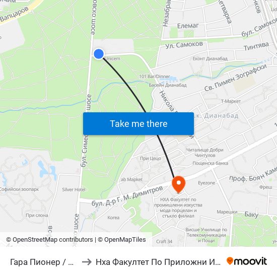 Гара Пионер / Pioneer Station (0465) to Нха Факултет По Приложни Изкуства-Текстил И Керамика-Филиал map