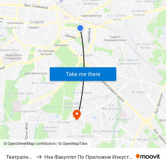 Театрална / Teatralna to Нха Факултет По Приложни Изкуства-Текстил И Керамика-Филиал map