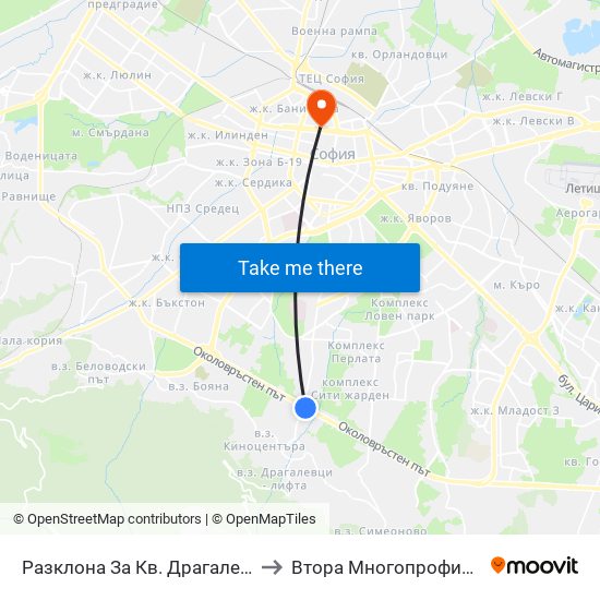 Разклона За Кв. Драгалевци / Fork Road To Dragalevtsi Qr. (1457) to Втора Многопрофилна Болница За Активно Лечение map