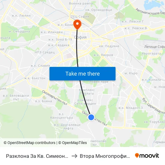 Разклона За Кв. Симеоново / Fork Road To Simeonovo Qr. (1459) to Втора Многопрофилна Болница За Активно Лечение map
