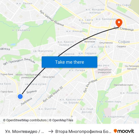 Ул. Монтевидео / Montevideo St. (2050) to Втора Многопрофилна Болница За Активно Лечение map