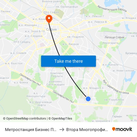 Метростанция Бизнес Парк / Business Park Metro Station (2490) to Втора Многопрофилна Болница За Активно Лечение map