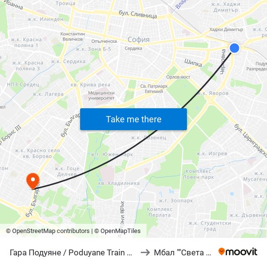 Гара Подуяне / Poduyane Train Station (0466) to Мбал ""Света София"" map