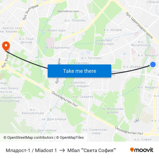 Младост-1 / Mladost 1 to Мбал ""Света София"" map