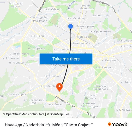 Надежда / Nadezhda to Мбал ""Света София"" map