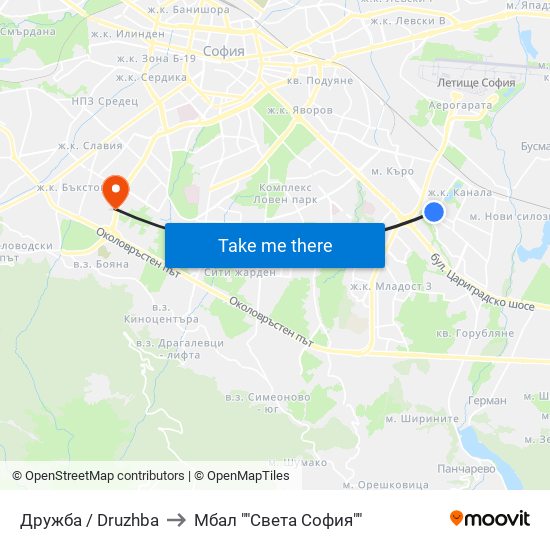 Дружба / Druzhba to Мбал ""Света София"" map