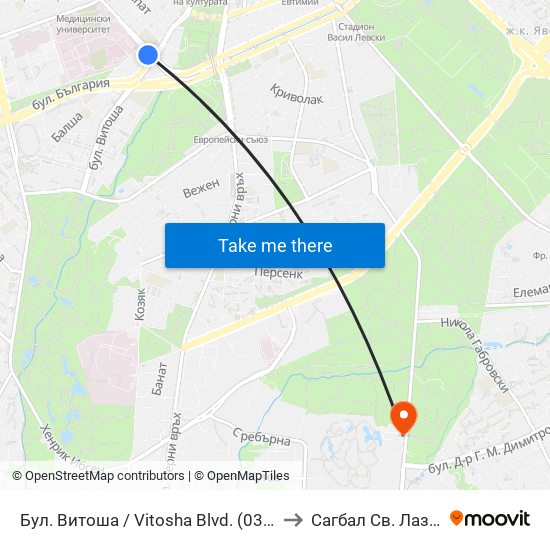 Бул. Витоша / Vitosha Blvd. (0302) to Сагбал Св. Лазар map