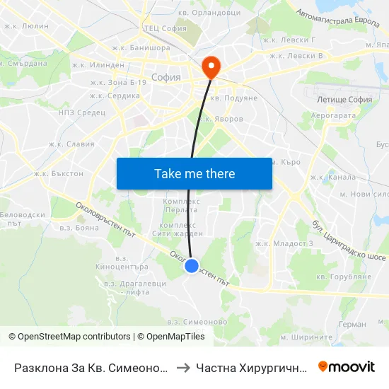 Разклона За Кв. Симеоново / Fork Road To Simeonovo Qr. (1459) to Частна Хирургична Болница Света Богородица map