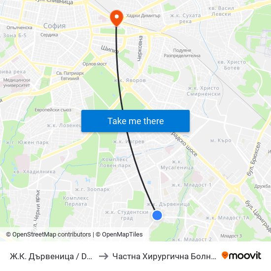 Ж.К. Дървеница / Darvenitsa Qr. (1012) to Частна Хирургична Болница Света Богородица map