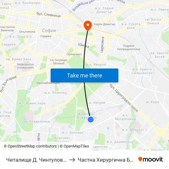 📚 Читалище Д. Чинтулов / D. Chintulov Library (2365) to Частна Хирургична Болница Света Богородица map
