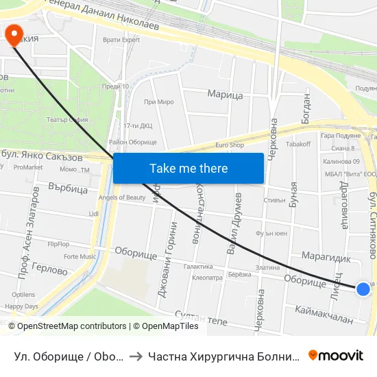 Ул. Оборище / Oborishte St. (2074) to Частна Хирургична Болница Света Богородица map