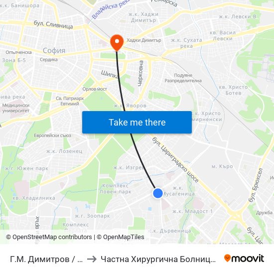 Г.М. Димитров / G.M.Dimitrov to Частна Хирургична Болница Света Богородица map