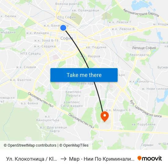 Ул. Клокотница / Klokotnitsa St. (1326) to Мвр - Нии По Криминалистика И Криминология map