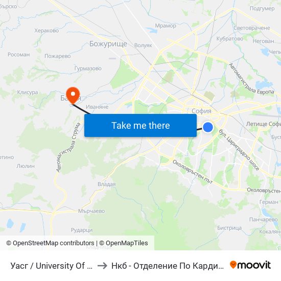 Уасг / University Of Architecture (0387) to Нкб - Отделение По Кардиологична Рехабилитация map