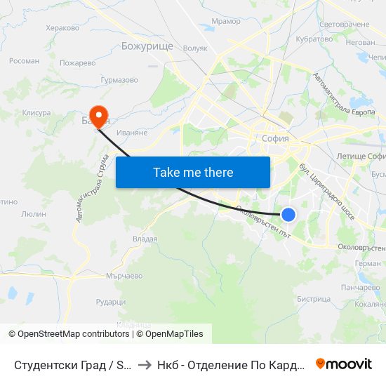 Студентски Град / Students' Town (2382) to Нкб - Отделение По Кардиологична Рехабилитация map