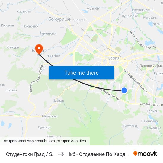 Студентски Град / Students' Town (1693) to Нкб - Отделение По Кардиологична Рехабилитация map