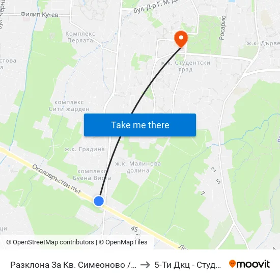 Разклона За Кв. Симеоново / Fork Road To Simeonovo Qr. (1458) to 5-Ти Дкц - Студентска Поликлиника map