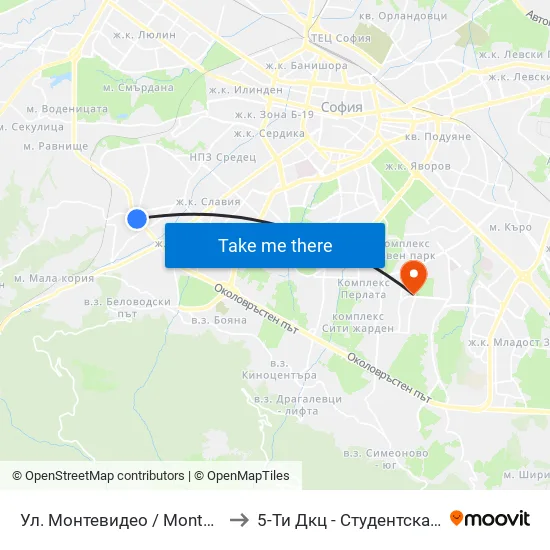 Ул. Монтевидео / Montevideo St. (2050) to 5-Ти Дкц - Студентска Поликлиника map
