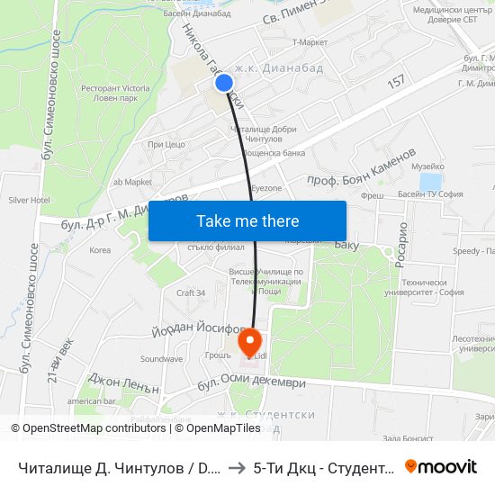 Читалище Д. Чинтулов / D. Chintulov Library (2365) to 5-Ти Дкц - Студентска Поликлиника map