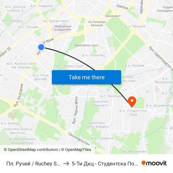Пл. Ручей / Ruchey Sq. (1306) to 5-Ти Дкц - Студентска Поликлиника map