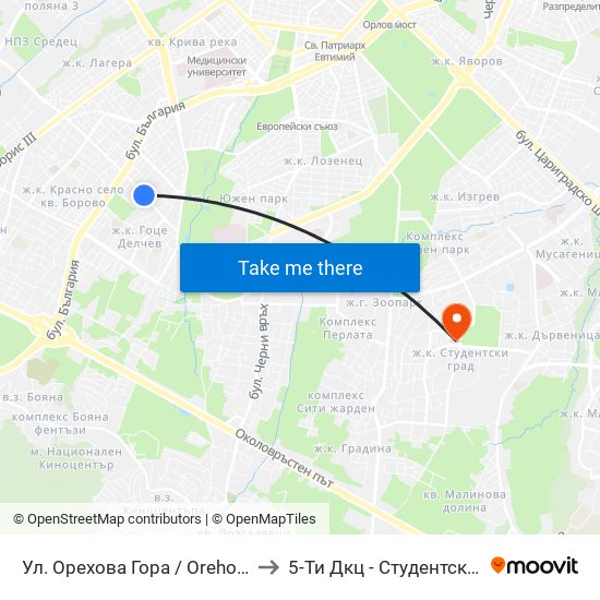 Ул. Орехова Гора / Orehova Gora St. (2089) to 5-Ти Дкц - Студентска Поликлиника map