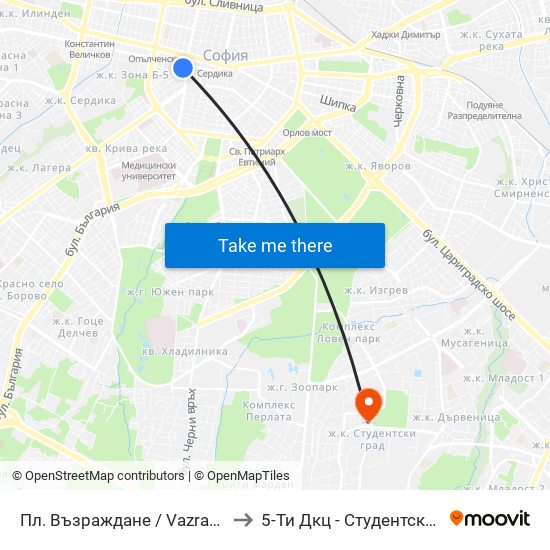 Пл. Възраждане / Vazrazhdane Sq. (1269) to 5-Ти Дкц - Студентска Поликлиника map
