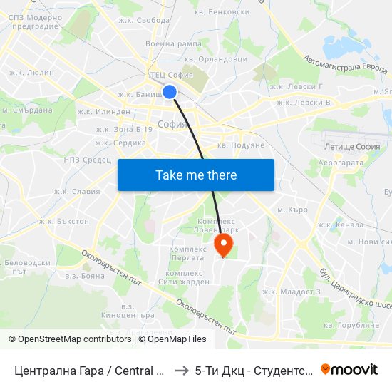 Централна Гара / Central Railway Station (1327) to 5-Ти Дкц - Студентска Поликлиника map