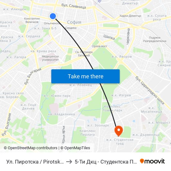 Ул. Пиротска / Pirotska St. (2111) to 5-Ти Дкц - Студентска Поликлиника map