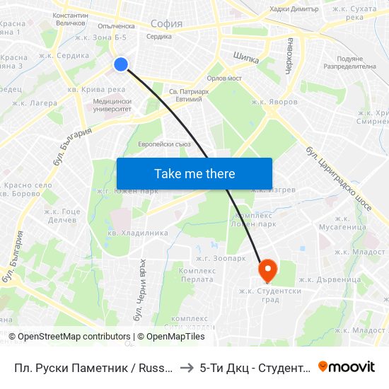 Пл. Руски Паметник / Russian Monument Sq. (1296) to 5-Ти Дкц - Студентска Поликлиника map