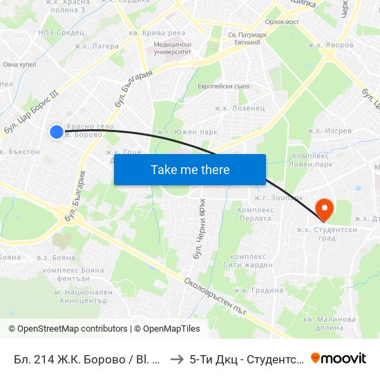 Бл. 214 Ж.К. Борово / Bl. 214, Borovo Qr. (0164) to 5-Ти Дкц - Студентска Поликлиника map