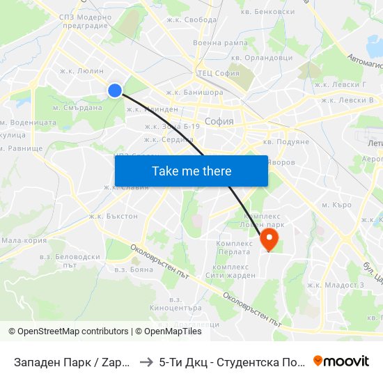 Западен Парк / Zapaden Park to 5-Ти Дкц - Студентска Поликлиника map