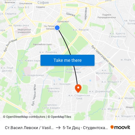 Ст.Васил Левски / Vasil Levski Stadium to 5-Ти Дкц - Студентска Поликлиника map