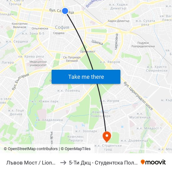 Лъвов Мост / Lions' Bridge to 5-Ти Дкц - Студентска Поликлиника map