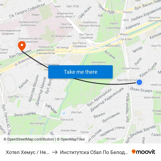 Хотел Хемус / Hemus Hotel (2329) to Институтска Сбал По Белодробни Болести Св. София map