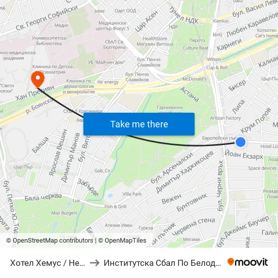 Ⓜ️ Хотел Хемус / Hemus Hotel (2329) to Институтска Сбал По Белодробни Болести Св. София map