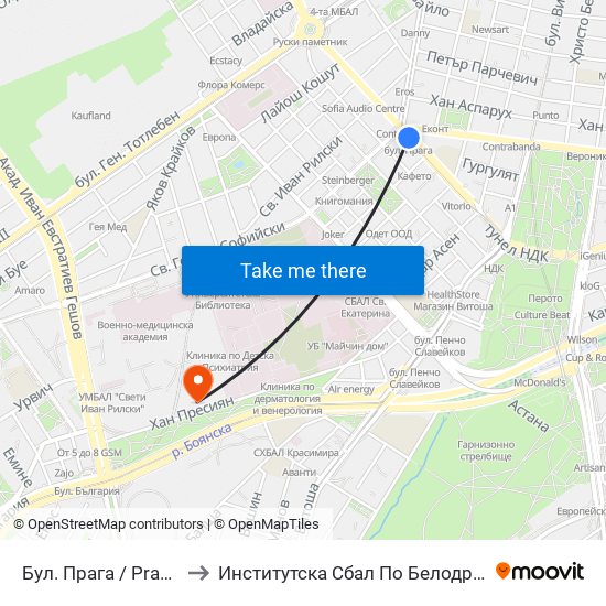 Бул. Прага / Prague Blvd. (0365) to Институтска Сбал По Белодробни Болести Св. София map