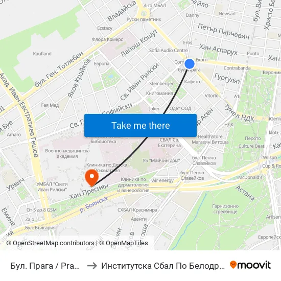 Бул. Прага / Prague Blvd. (0365) to Институтска Сбал По Белодробни Болести Св. София map