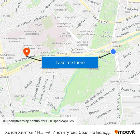 Хотел Хилтън / Hilton Hotel (0397) to Институтска Сбал По Белодробни Болести Св. София map