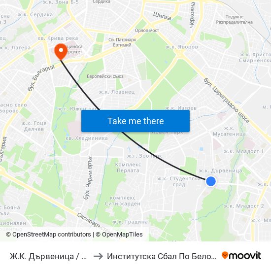 Ж.К. Дървеница / Darvenitsa Qr. (1015) to Институтска Сбал По Белодробни Болести Св. София map