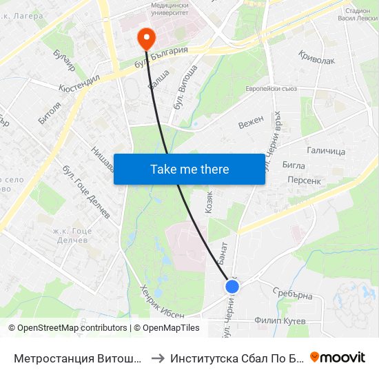 Метростанция Витоша / Vitosha Metro Station (2654) to Институтска Сбал По Белодробни Болести Св. София map