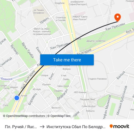 Пл. Ручей / Ruchey Sq. (1306) to Институтска Сбал По Белодробни Болести Св. София map