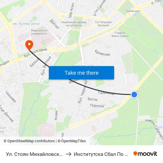 Ул. Стоян Михайловски / Stoyan Mihaylovski St. (2191) to Институтска Сбал По Белодробни Болести Св. София map