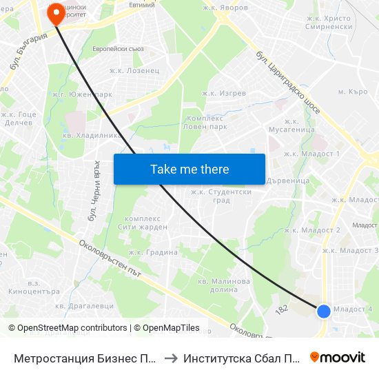 Метростанция Бизнес Парк / Business Park Metro Station (2490) to Институтска Сбал По Белодробни Болести Св. София map