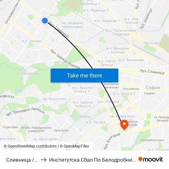 Сливница / Slivnitsa to Институтска Сбал По Белодробни Болести Св. София map