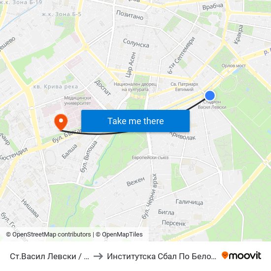 Ст.Васил Левски / Vasil Levski Stadium to Институтска Сбал По Белодробни Болести Св. София map