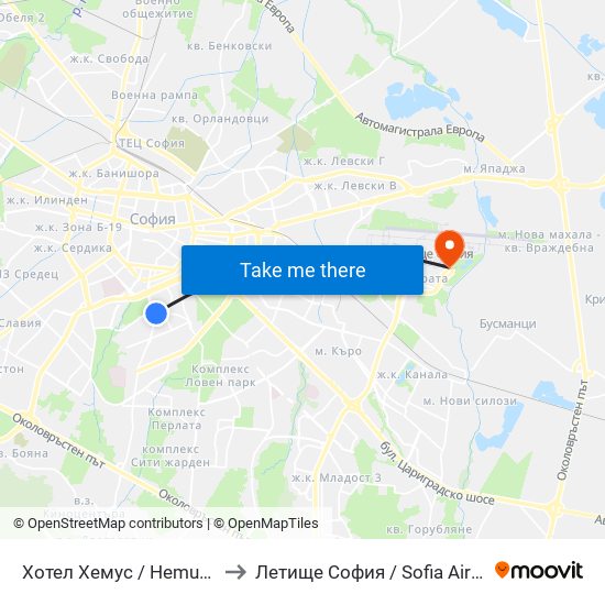 Хотел Хемус / Hemus Hotel (2329) to Летище София / Sofia Airport - Terminal 2 map